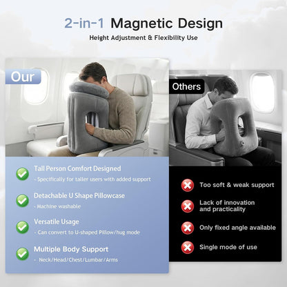 2-in-1 Magnetic Design Inflatable Travel Pillow, Ergonomic Neck Support Airplane Pillow for Flying, Compact Camping Pillow with Storage Bag for Home Nap & Car Travel (Grey)