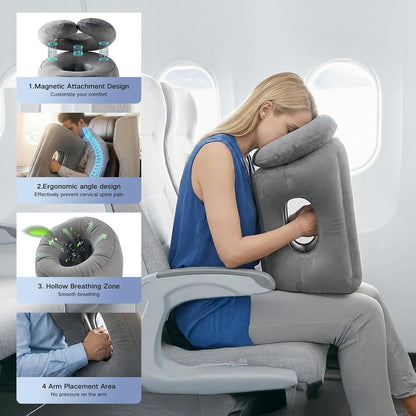2-in-1 Magnetic Design Inflatable Travel Pillow, Ergonomic Neck Support Airplane Pillow for Flying, Compact Camping Pillow with Storage Bag for Home Nap & Car Travel (Grey)