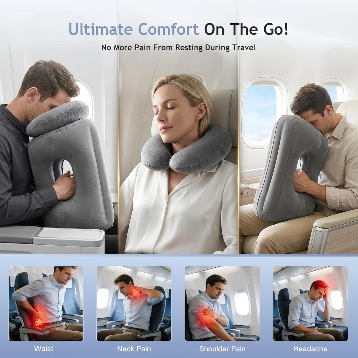 2-in-1 Magnetic Design Inflatable Travel Pillow, Ergonomic Neck Support Airplane Pillow for Flying, Compact Camping Pillow with Storage Bag for Home Nap & Car Travel (Grey)