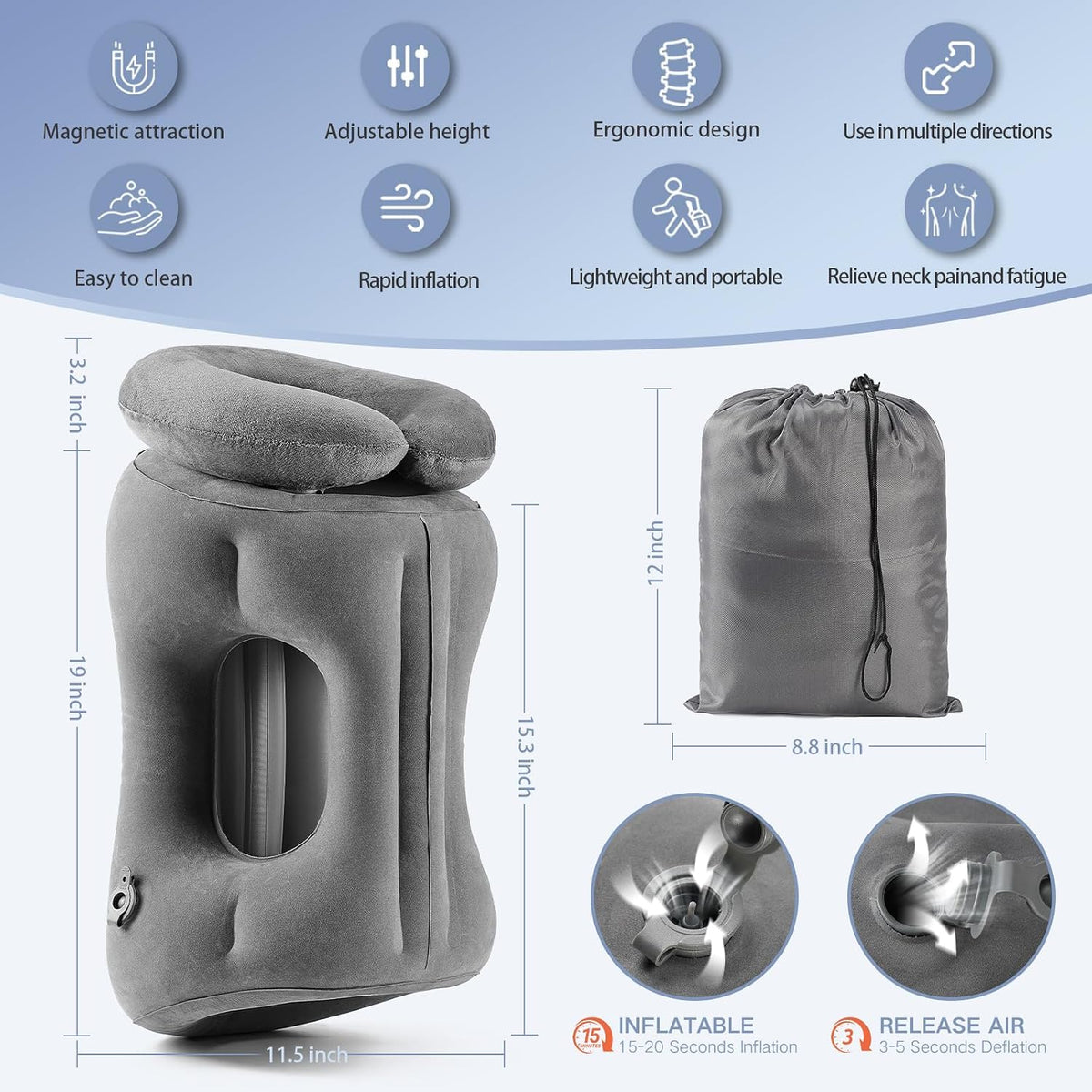 2-in-1 Magnetic Design Inflatable Travel Pillow, Ergonomic Neck Support Airplane Pillow for Flying, Compact Camping Pillow with Storage Bag for Home Nap & Car Travel (Grey)