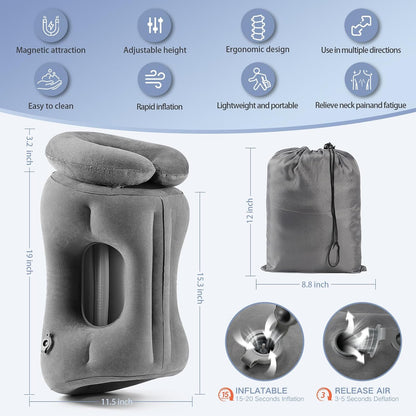 2-in-1 Magnetic Design Inflatable Travel Pillow, Ergonomic Neck Support Airplane Pillow for Flying, Compact Camping Pillow with Storage Bag for Home Nap & Car Travel (Grey)