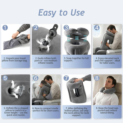 2-in-1 Magnetic Design Inflatable Travel Pillow, Ergonomic Neck Support Airplane Pillow for Flying, Compact Camping Pillow with Storage Bag for Home Nap & Car Travel (Grey)