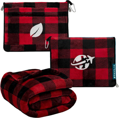 Compact 2-in-1 Travel Blanket Pillow for Airplane, Checkered Red