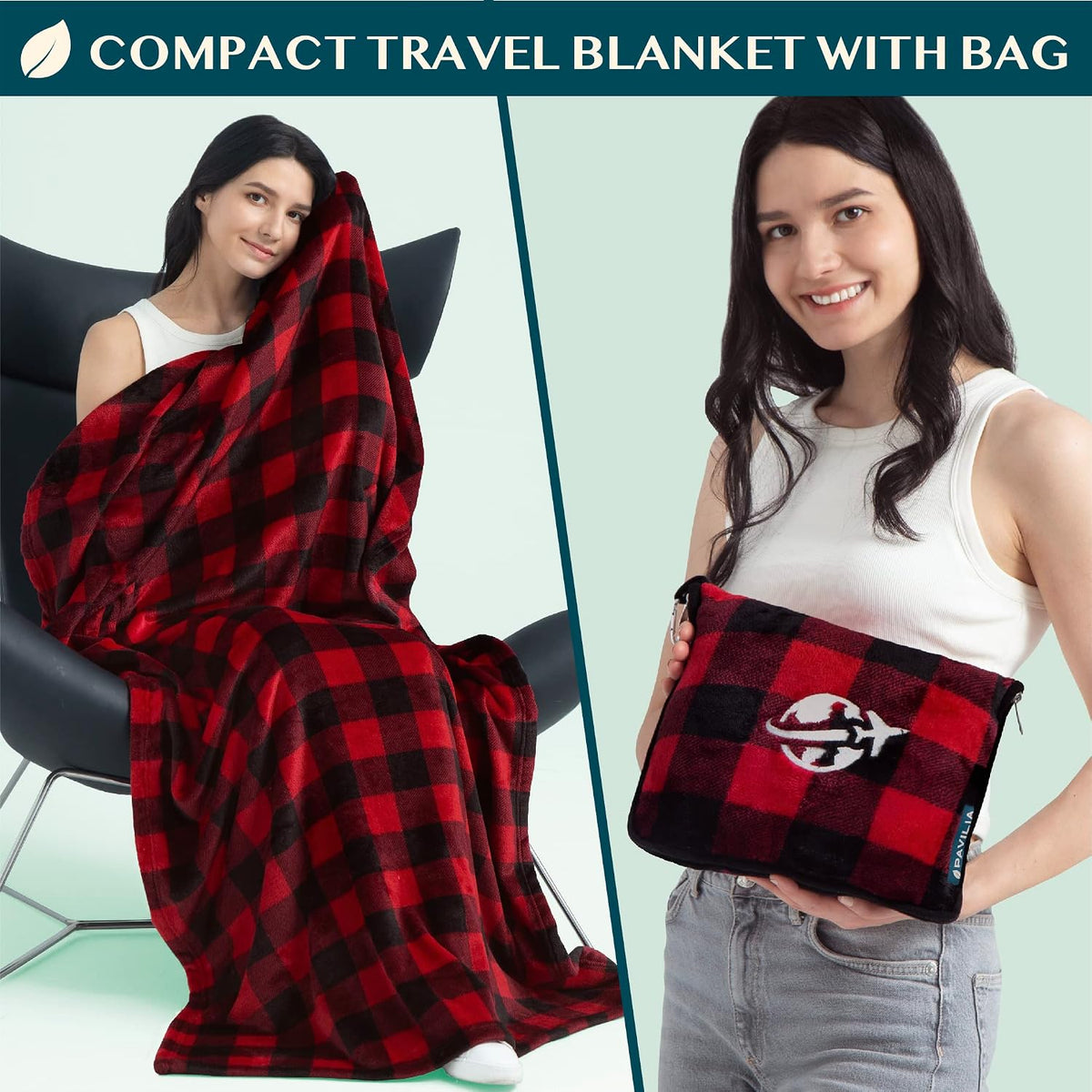Compact 2-in-1 Travel Blanket Pillow for Airplane, Checkered Red
