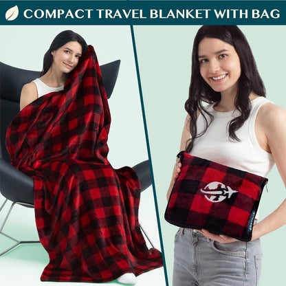 Compact 2-in-1 Travel Blanket Pillow for Airplane, Checkered Red