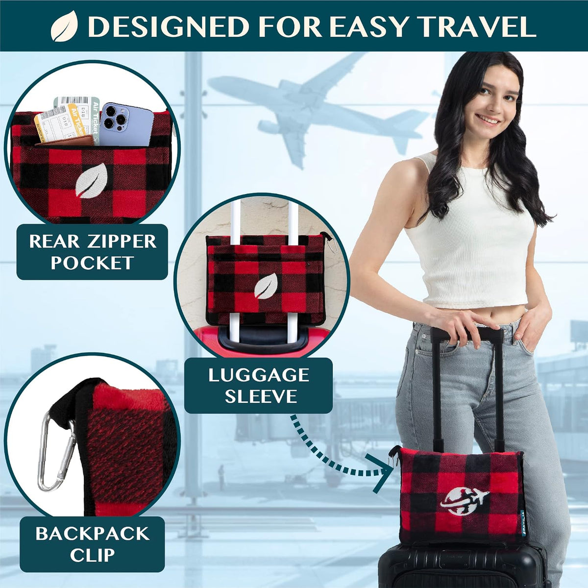 Compact 2-in-1 Travel Blanket Pillow for Airplane, Checkered Red