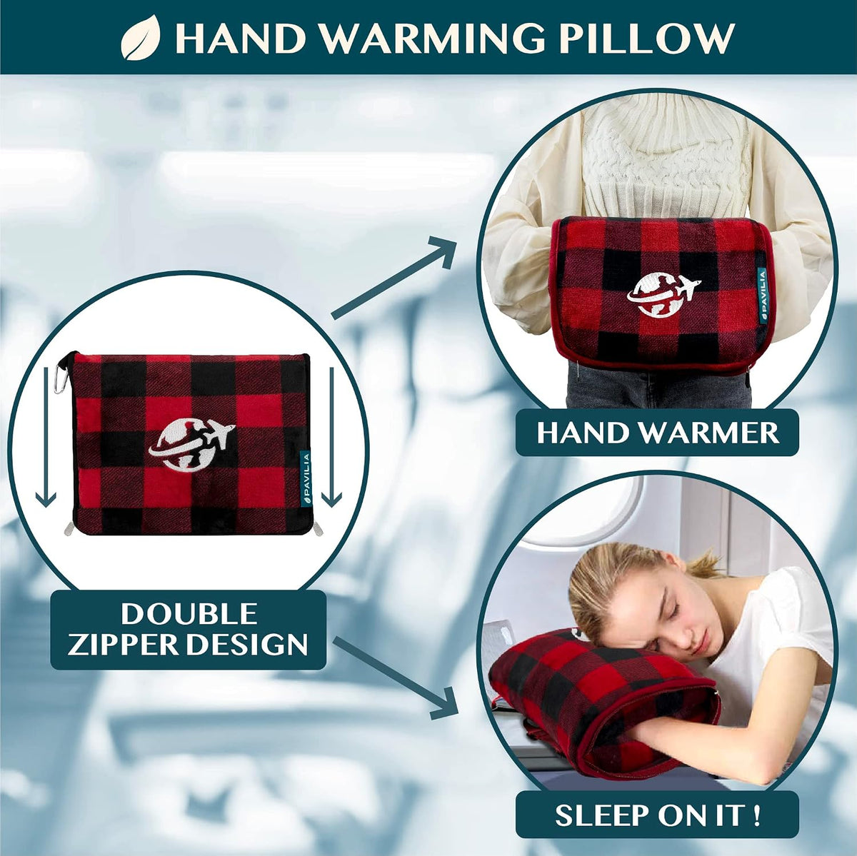 Compact 2-in-1 Travel Blanket Pillow for Airplane, Checkered Red