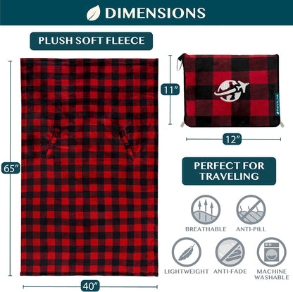 Compact 2-in-1 Travel Blanket Pillow for Airplane, Checkered Red