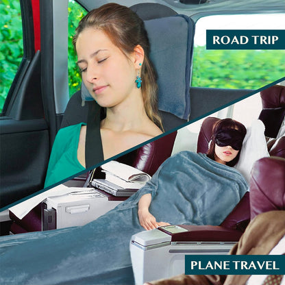 Compact 2-in-1 Travel Blanket Pillow for Airplane, Checkered Red
