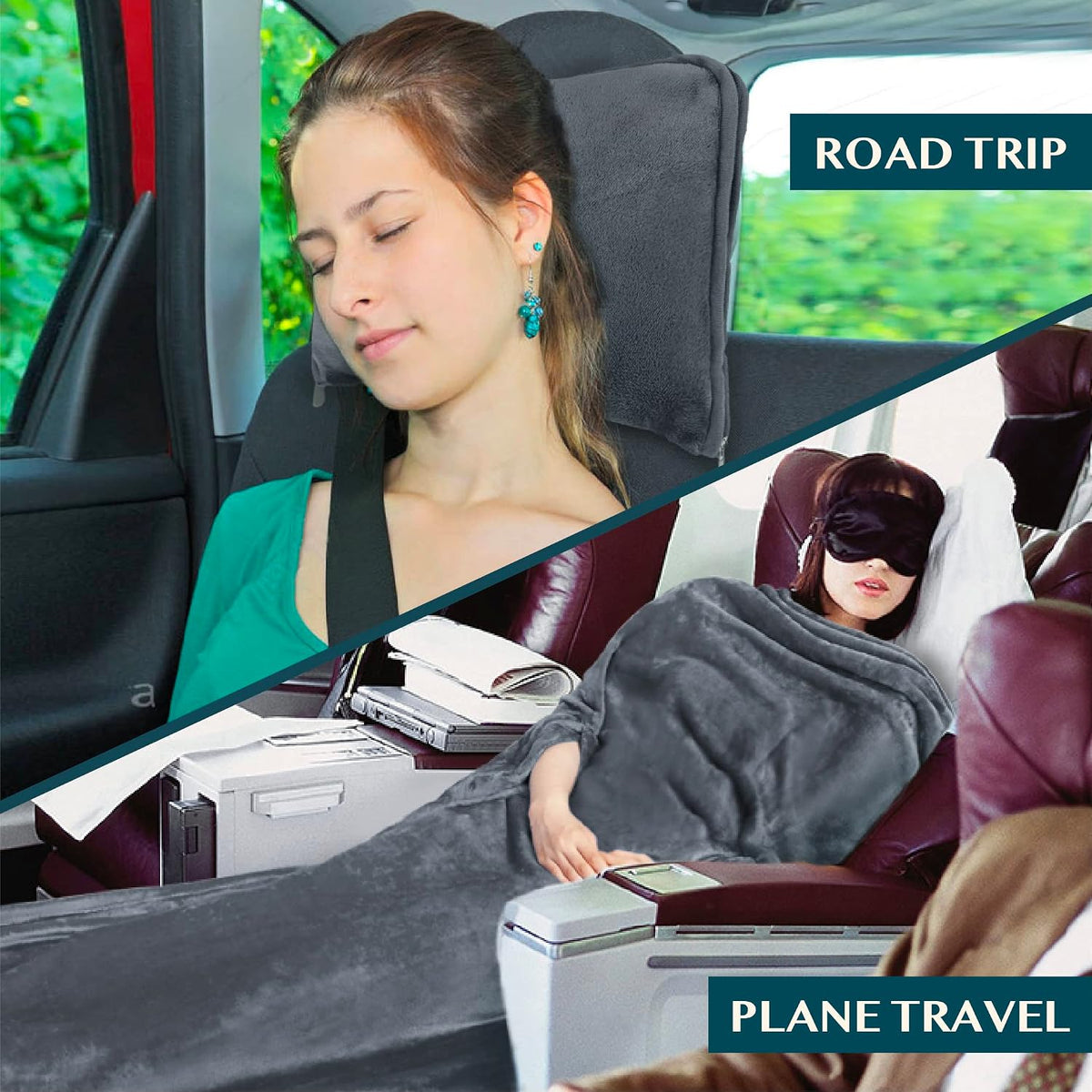 Compact 2-in-1 Travel Blanket Pillow for Airplane, Checkered Red