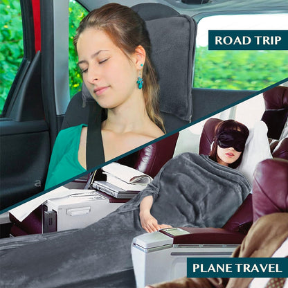 Compact 2-in-1 Travel Blanket Pillow for Airplane, Checkered Red