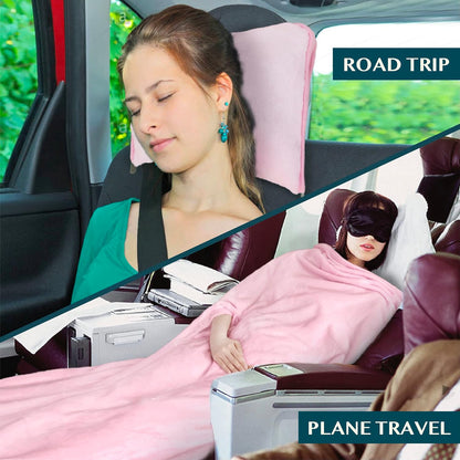 Compact 2-in-1 Travel Blanket Pillow for Airplane, Checkered Red