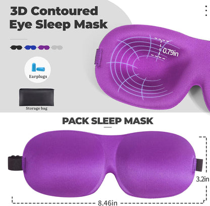 4 Pack Sleep Mask for Women and Men Adjustable Blackout 3D Eye Masks for Sleep, Blindfold with Storage Bag and Earplug for Travel Nap and Night (Black, Purple, Blue, Gray)