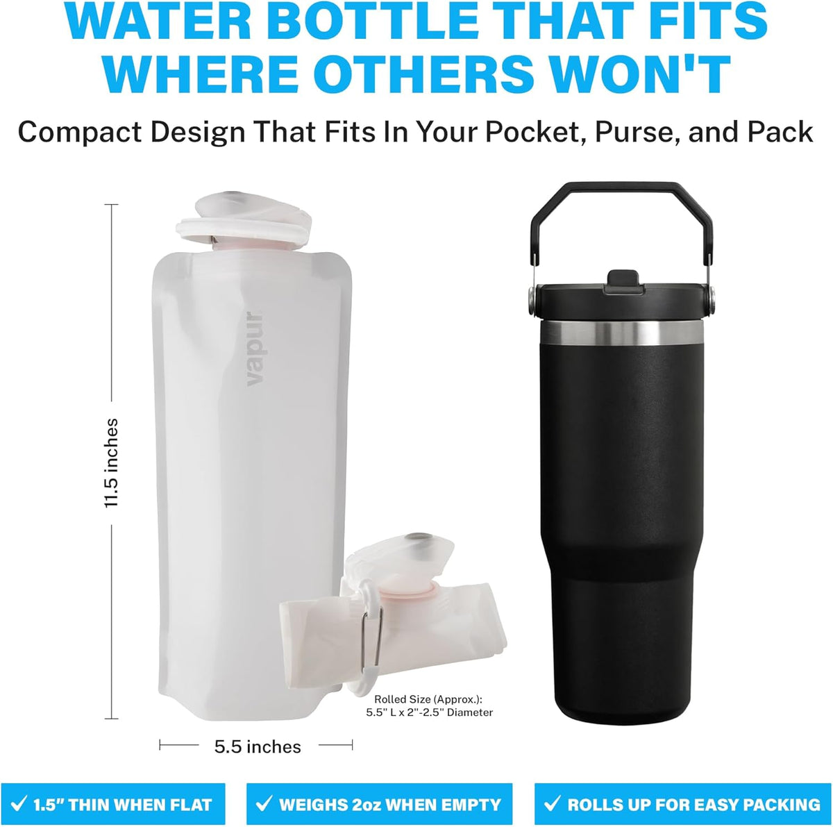 Collapsible Water Bottle with Carabiner - 34oz (1L) - Whiteout
