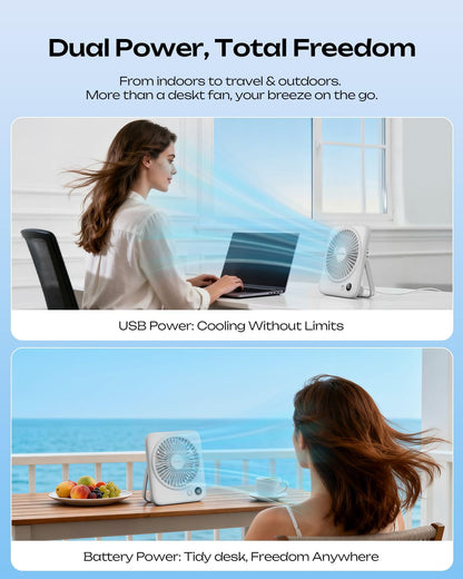 Portable Desk Fan 6.5 Inch, 4000mAh Rechargeable Battery Operated & USB Powered, 23Hrs Cordless Small Personal Fan 4-Speed Quiet for Office Travel Home Sleeping, Led Display, Foldable (Black)