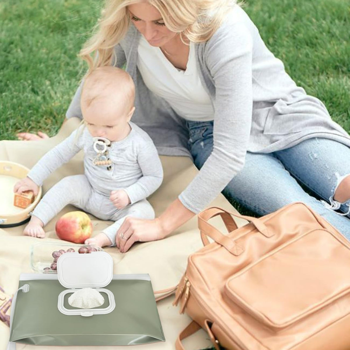 Baby wipes dispenser，portable baby wipes holder for outdoor, Refillable baby wipes container, on the go wet wipe pouch for travel, resuable wipes dispenser for hiking (sage)