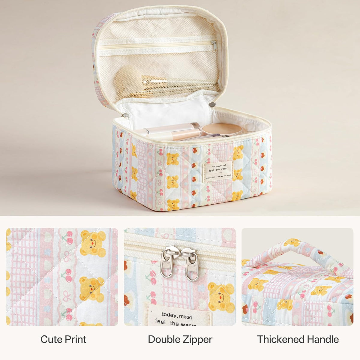 HBselect Quilted Makeup Bag, 3PCS Cotton Large Travel Makeup Bag, Cute Floral Coquette Make up Bag Cosmetic Bag Toiletry Bag for Women Girls - Colors B
