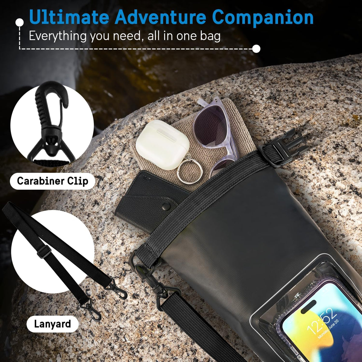 Pelican Marine IP68 Waterproof Dry Bag 2L - Roll Top Waterproof Backpack w/Phone Case/Pouch - Boating & Kayak Accessories - Essentials for Camping Swimming Beach Fishing Rafting Travel - Black/Yellow