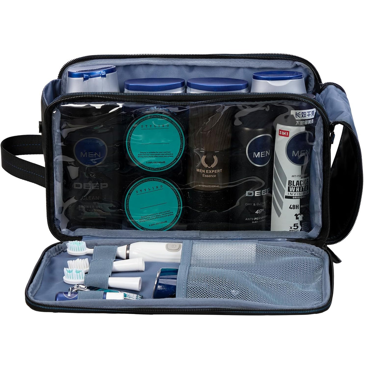 ZEEMO Travel Toiletry Bag for Men, Medium Water-Resistant Double-Sided Full-Open Dopp Kit, Versatile Organizer for Shower and Hygiene Accessories, Bathroom Essentials, Cosmetics, Black