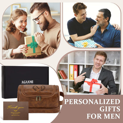 Personalized Christmas Birthday Gifts Toiletry Bag for Men Dad Husband, Custom Initial PU Leather Waterproof Toiletry Organizer Dopp Kit Shaving Bag Travel Essential for Men, Light Brown J