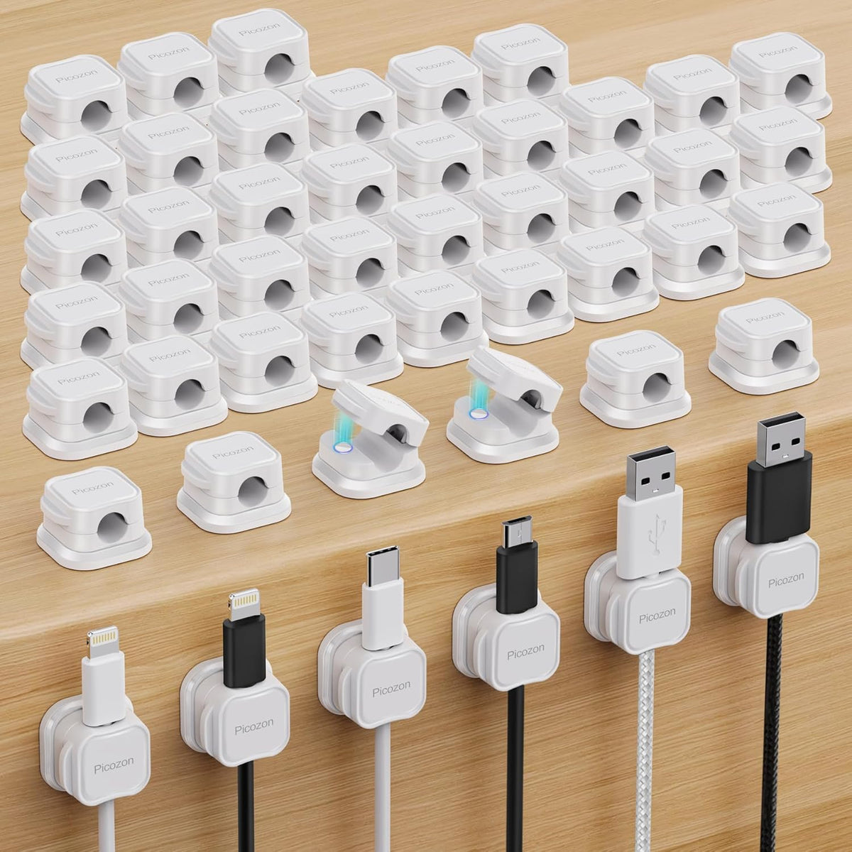 Picozon 6 Pack Magnetic Cable Clip Organizer Cord Holder, Picozon Adhesive Cable Management, Wire Phone USB Charger Cable Holder Keeper Organizer for Car, Office Home Desktop, Wall, Night Table