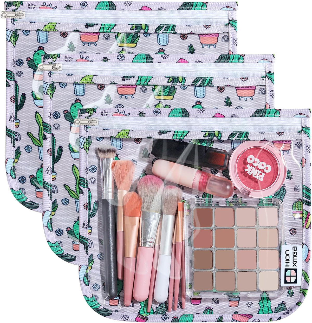 HIONXMGA TSA Approved Toiletry Bag, Set of 3 Clear Travel Toiletry Bag Quart Size Zipper Travel Pouch, Waterproof Makeup Cosmetic Bag for Women Men Kids Toiletries Carry on, Cacti A
