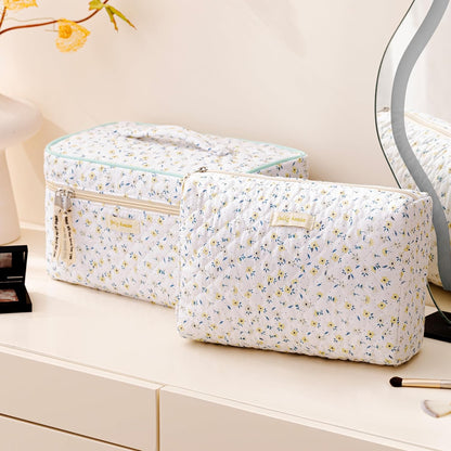 HBselect Quilted Makeup Bag, 3PCS Cotton Large Travel Makeup Bag, Cute Floral Coquette Make up Bag Cosmetic Bag Toiletry Bag for Women Girls - Colors A