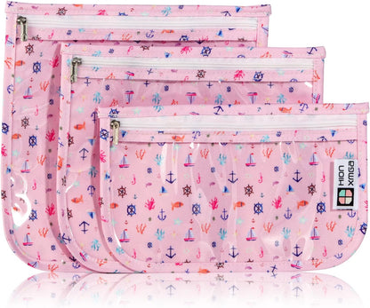 HIONXMGA TSA Approved Toiletry Bag, Set of 3 Clear Travel Toiletry Bag Quart Size Zipper Travel Pouch, Waterproof Makeup Cosmetic Bag for Women Men Kids Toiletries Carry on, Cacti A