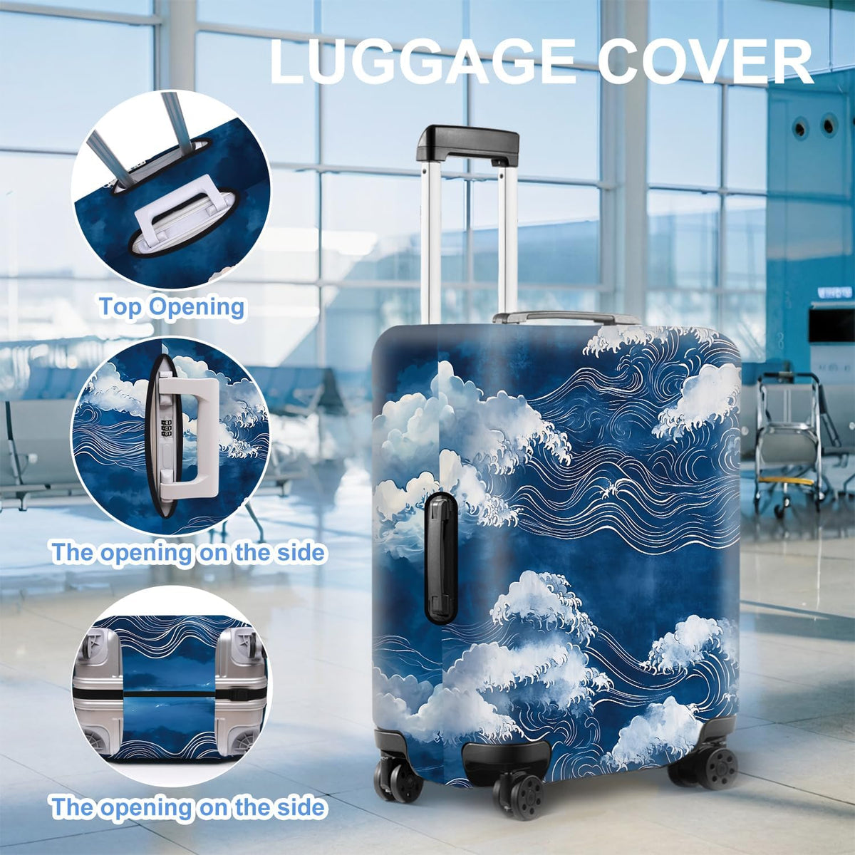 All Over Daisy Print Luggage Cover – Blue Suitcase Protector with White Floral Pattern, Washable Stretch Travel Case for 32-34 Inch Luggage,XL