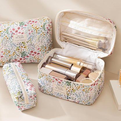 HBselect Quilted Makeup Bag, 3PCS Cotton Large Travel Makeup Bag, Cute Floral Coquette Make up Bag Cosmetic Bag Toiletry Bag for Women Girls - Colors B