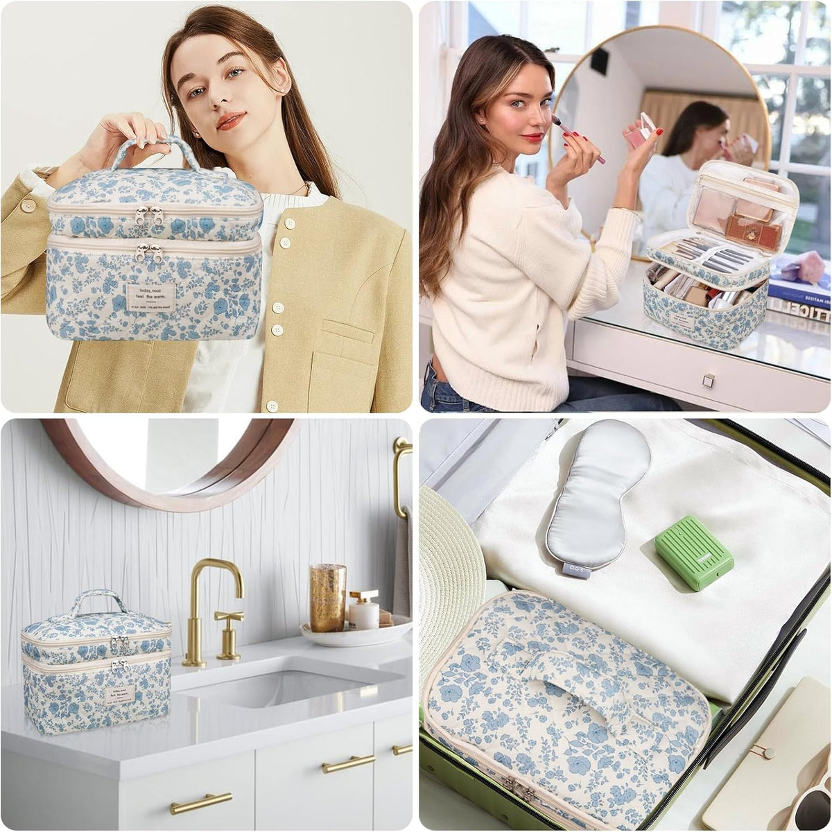 Gosect Large Makeup Bag, Cute Cosmetic Bag for Women Girls, Floral Coquette Aesthetic Toiletry Bag, Travel Make Up Organizer Bag (BDLH) - Colors A