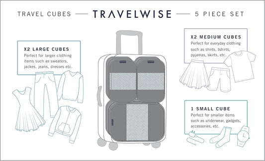 Travel Wise Packing Cubes for Travel - 5 Piece Set with Pattern Design, Lightweight Ripstop Nylon Luggage Organizers with Mesh Panel, Small Medium Large Sizes