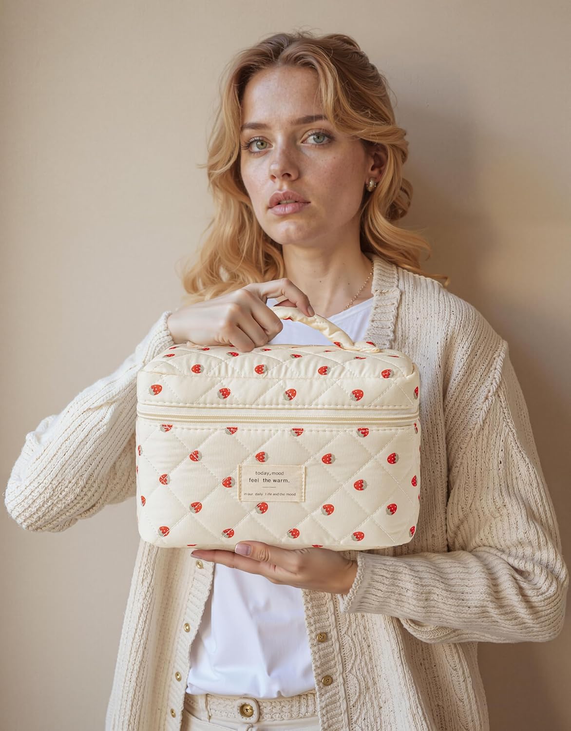 HBselect Quilted Makeup Bag, 3PCS Cotton Large Travel Makeup Bag, Cute Floral Coquette Make up Bag Cosmetic Bag Toiletry Bag for Women Girls - Colors B