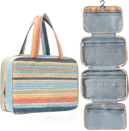 Toiletry Bag for Women Travel Water-resistant Cosmetic Bag Fashion Stripes Makeup Bag with Hanging Hook Preppy for Store Toiletries Cosmetic Accessories Medium Pink