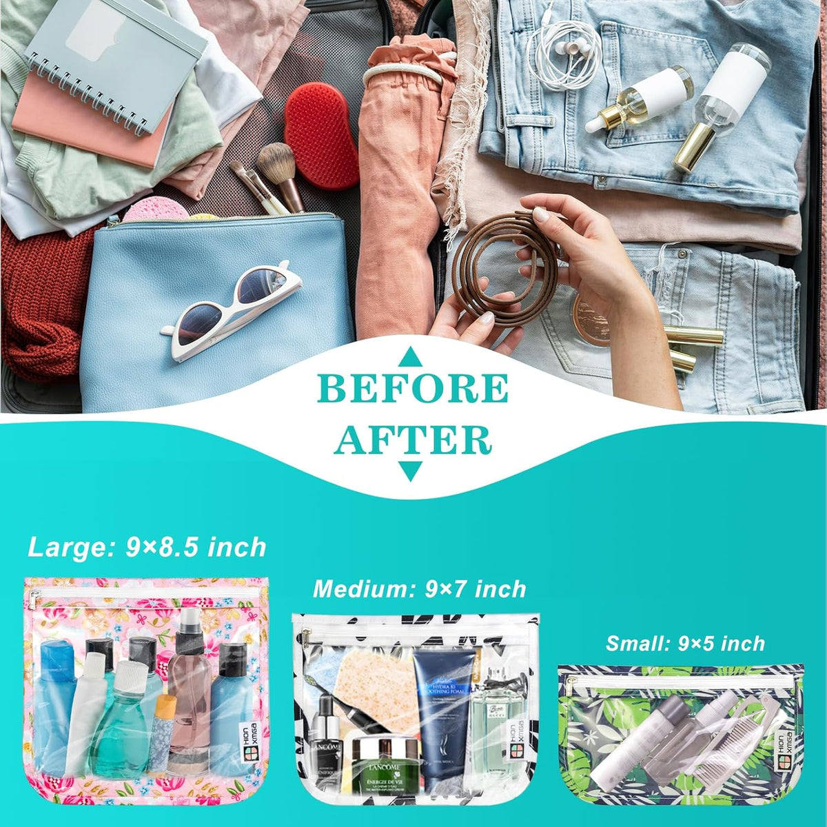 HIONXMGA TSA Approved Toiletry Bag, Set of 3 Clear Travel Toiletry Bag Quart Size Zipper Travel Pouch, Waterproof Makeup Cosmetic Bag for Women Men Kids Toiletries Carry on, Cacti A