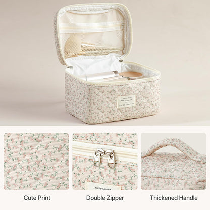 HBselect Quilted Makeup Bag, 3PCS Cotton Large Travel Makeup Bag, Cute Floral Coquette Make up Bag Cosmetic Bag Toiletry Bag for Women Girls - Colors A