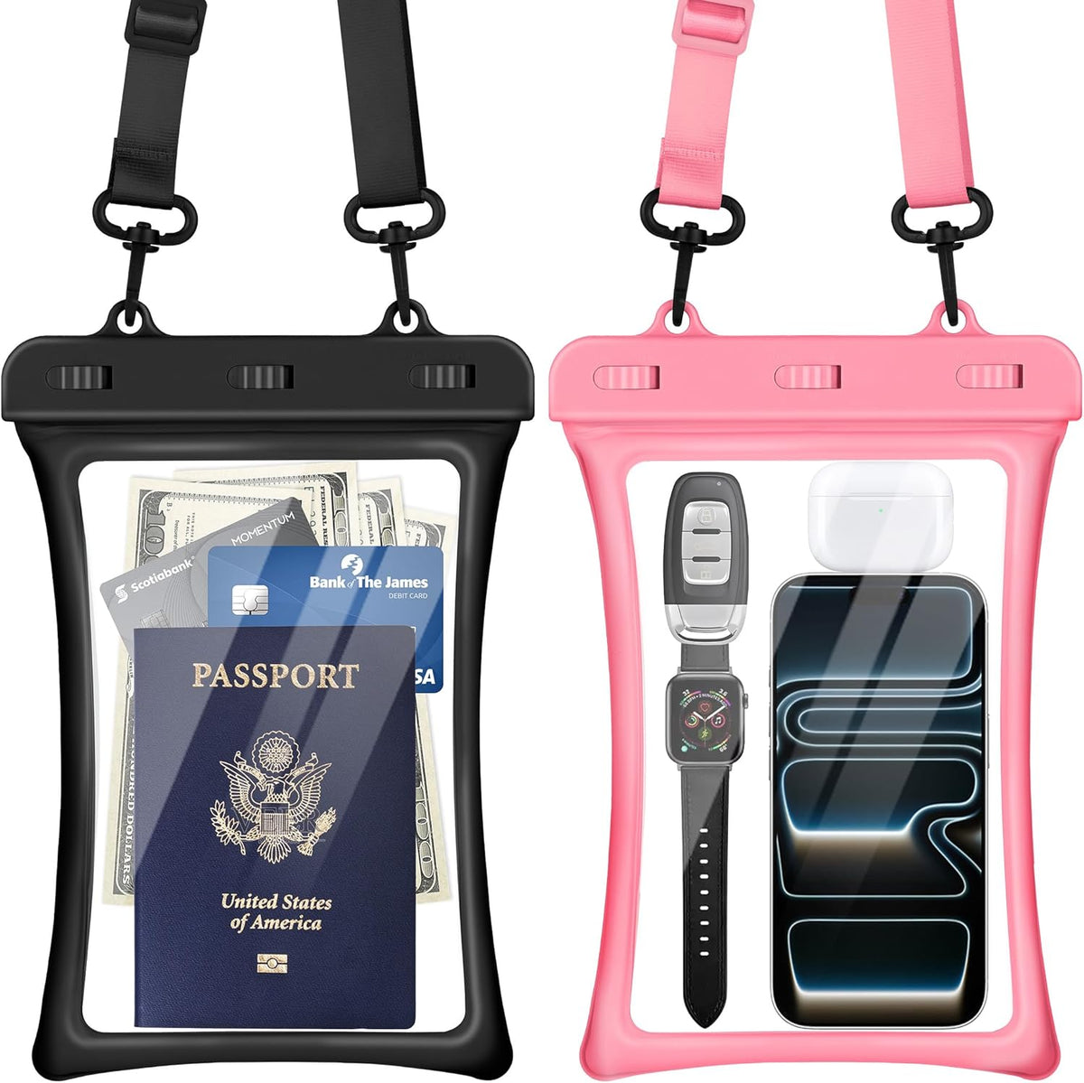 CACOE [Floatable Floating Universal IPX8 Waterproof Phone case 2 Pack-Up to 10.0",Adjustable Lanyard Phone Pouch,Cellphone Dry Bags for Vacation Beach Pool Kayak Cruise Travel Essentials（Black+Green）