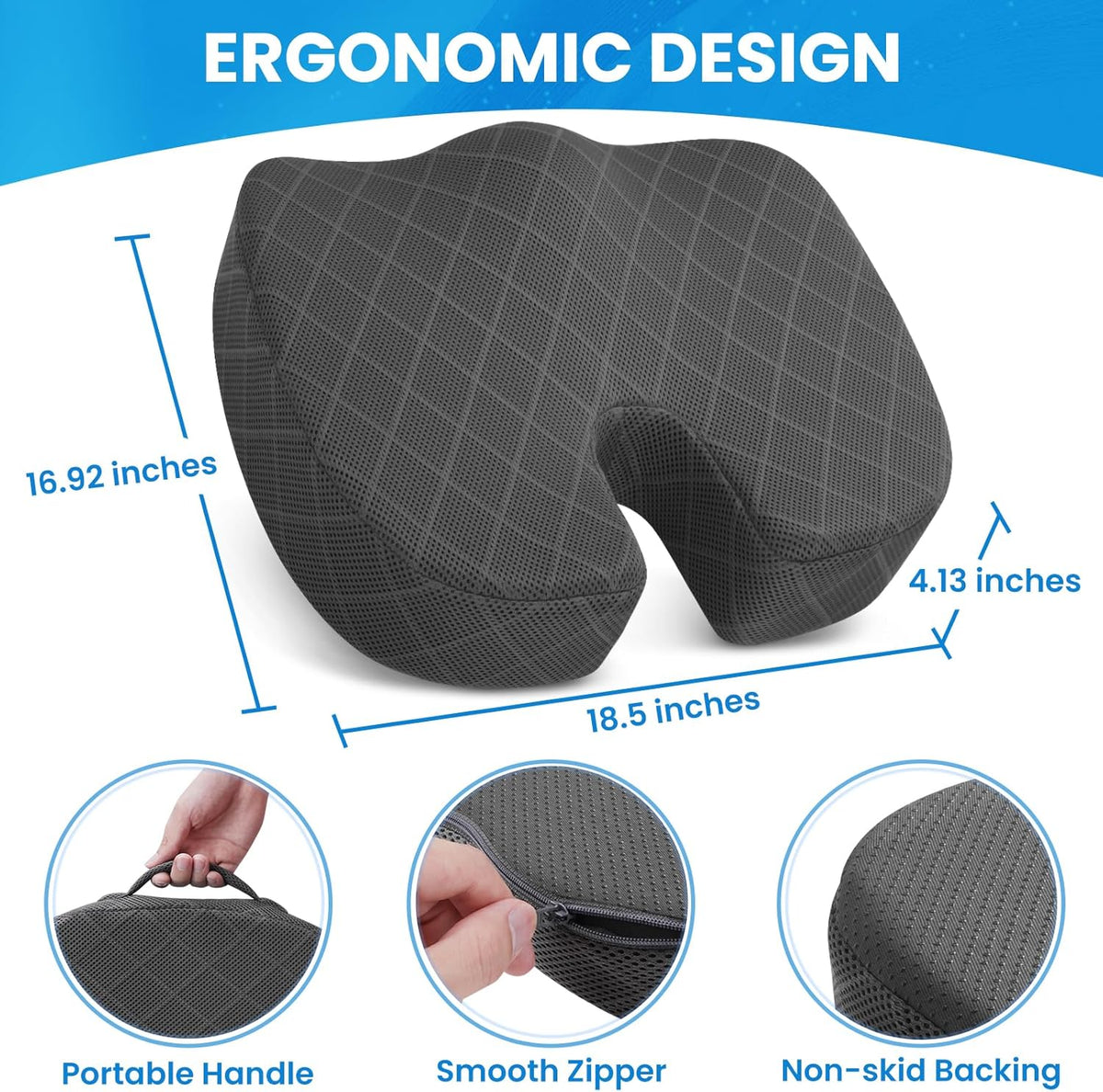 TushGuard Seat Cushion, Memory Foam Office Chair Cushion - Grey, Large