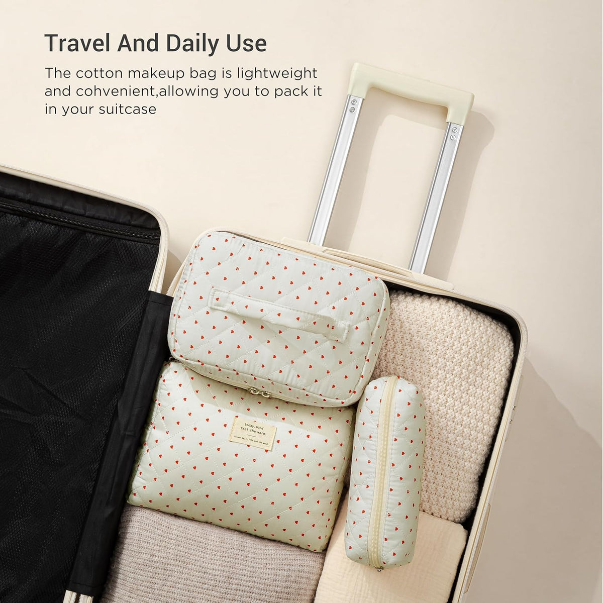 HBselect Quilted Makeup Bag, 3PCS Cotton Large Travel Makeup Bag, Cute Floral Coquette Make up Bag Cosmetic Bag Toiletry Bag for Women Girls - Colors A