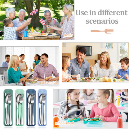 Yinkin 4 Pack Portable Travel Utensils Set with Case Reusable Stainless Steel Silverware Flatware Camping Cutlery Include Fork Spoon Knife for Work School Dishwasher Safe(White, Green, Red, Black)