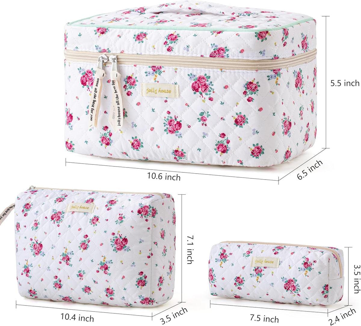 HBselect Quilted Makeup Bag, 3PCS Cotton Large Travel Makeup Bag, Cute Floral Coquette Make up Bag Cosmetic Bag Toiletry Bag for Women Girls - Colors B