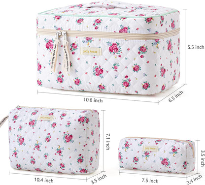 HBselect Quilted Makeup Bag, 3PCS Cotton Large Travel Makeup Bag, Cute Floral Coquette Make up Bag Cosmetic Bag Toiletry Bag for Women Girls - Colors B