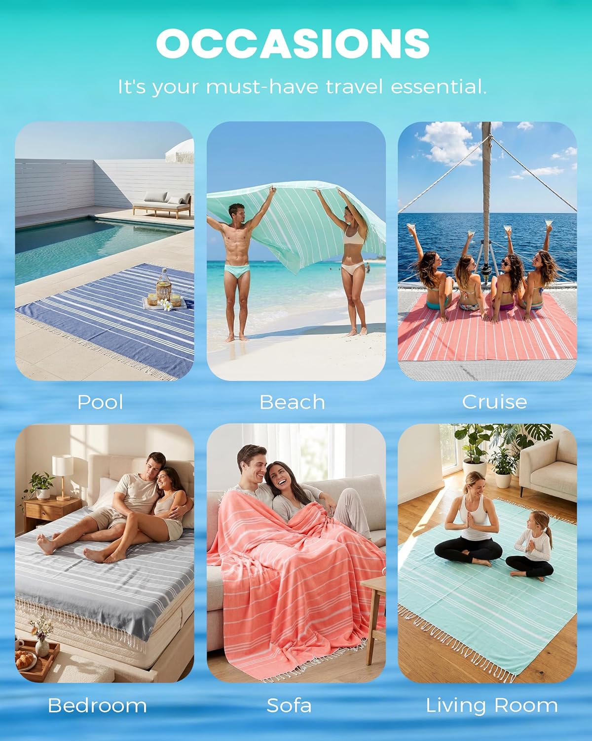 Antfuny Turkish Beach Towels Vacation Essentials Quick Dry Sand Free Oversized Bath Pool Swim Towel Extra Large XL Blanket Adult Travel Cruise Accessories Must Haves Clearance Stuff Necessities - Colors C