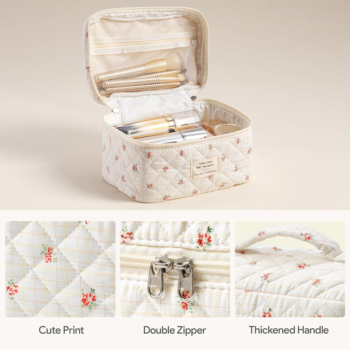 HBselect Quilted Makeup Bag, 3PCS Cotton Large Travel Makeup Bag, Cute Floral Coquette Make up Bag Cosmetic Bag Toiletry Bag for Women Girls - Colors A