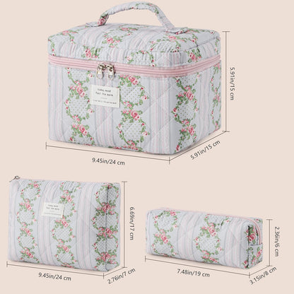 HBselect Quilted Makeup Bag, 3PCS Cotton Large Travel Makeup Bag, Cute Floral Coquette Make up Bag Cosmetic Bag Toiletry Bag for Women Girls - Colors B