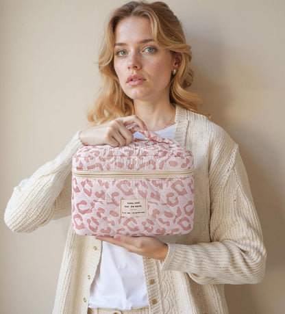 HBselect Quilted Makeup Bag, 3PCS Cotton Large Travel Makeup Bag, Cute Floral Coquette Make up Bag Cosmetic Bag Toiletry Bag for Women Girls - Colors A