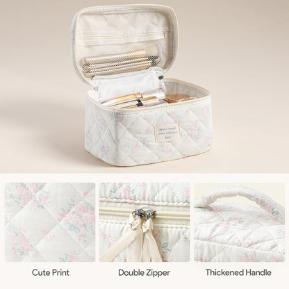 HBselect Quilted Makeup Bag, 3PCS Cotton Large Travel Makeup Bag, Cute Floral Coquette Make up Bag Cosmetic Bag Toiletry Bag for Women Girls - Colors B