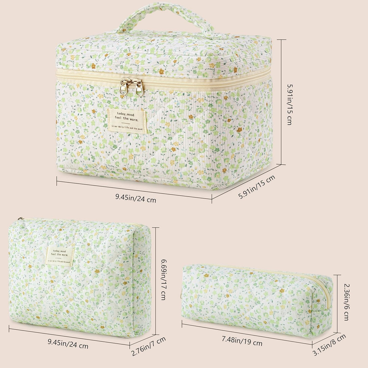 HBselect Quilted Makeup Bag, 3PCS Cotton Large Travel Makeup Bag, Cute Floral Coquette Make up Bag Cosmetic Bag Toiletry Bag for Women Girls - Colors A