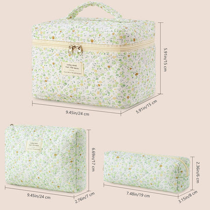 HBselect Quilted Makeup Bag, 3PCS Cotton Large Travel Makeup Bag, Cute Floral Coquette Make up Bag Cosmetic Bag Toiletry Bag for Women Girls - Colors A