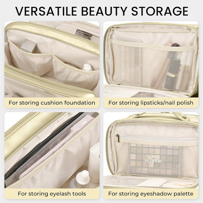 Travel Makeup Bag Women's Large Capacity Cosmetic Portable Organizer Large Opening Waterproof Storage Toiletry Bags Vertical Free-Standing Brush Holder for Easy Access Black